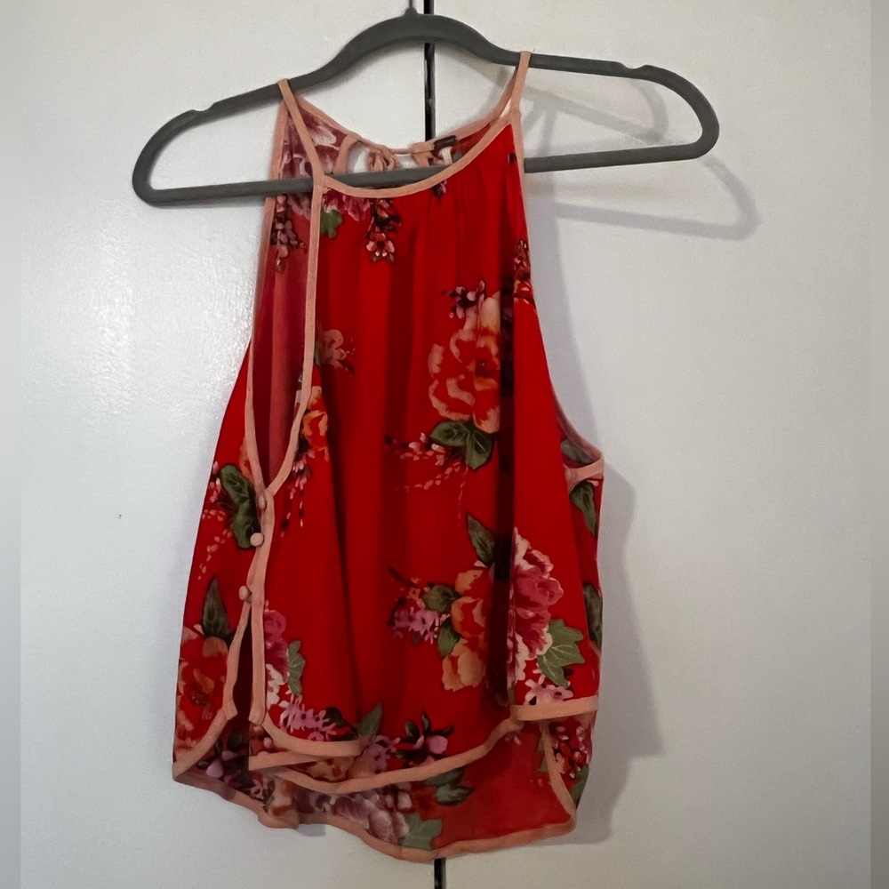 Free People Floral Orange Shirt with Button detail on side